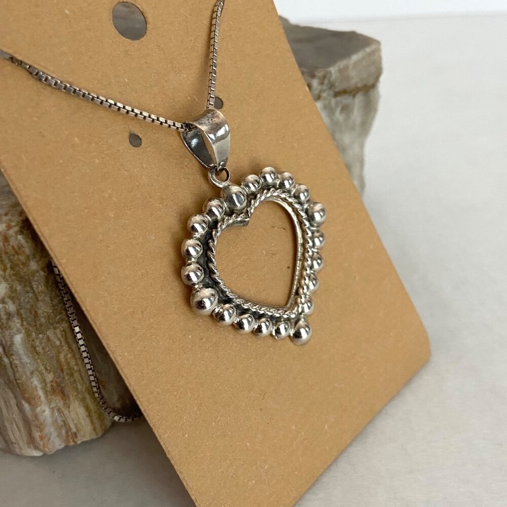Sterling Silver 925 Beaded Open Heart Pendant Necklace 18" Box Chain - Picture 12 of 16